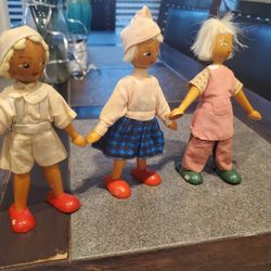 3 Vintage 1960's Polish Wooden Peg Dolls 7.5" tall
