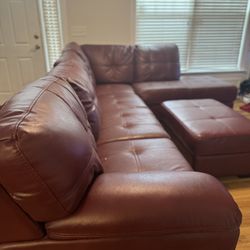 Comfortable 3-Piece Red Leather Sectional Sofa with Ottoman