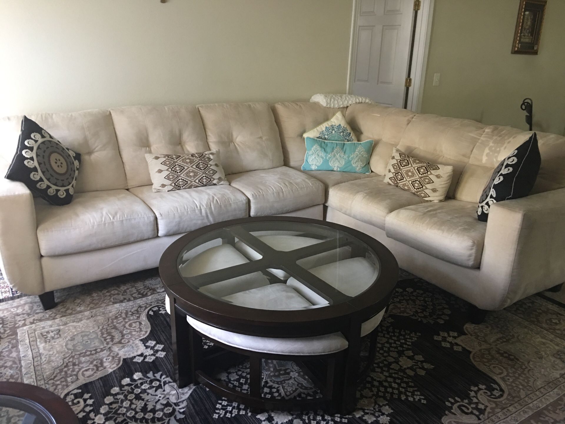 Sofa sectional with coffee table with 4 chairs and end table