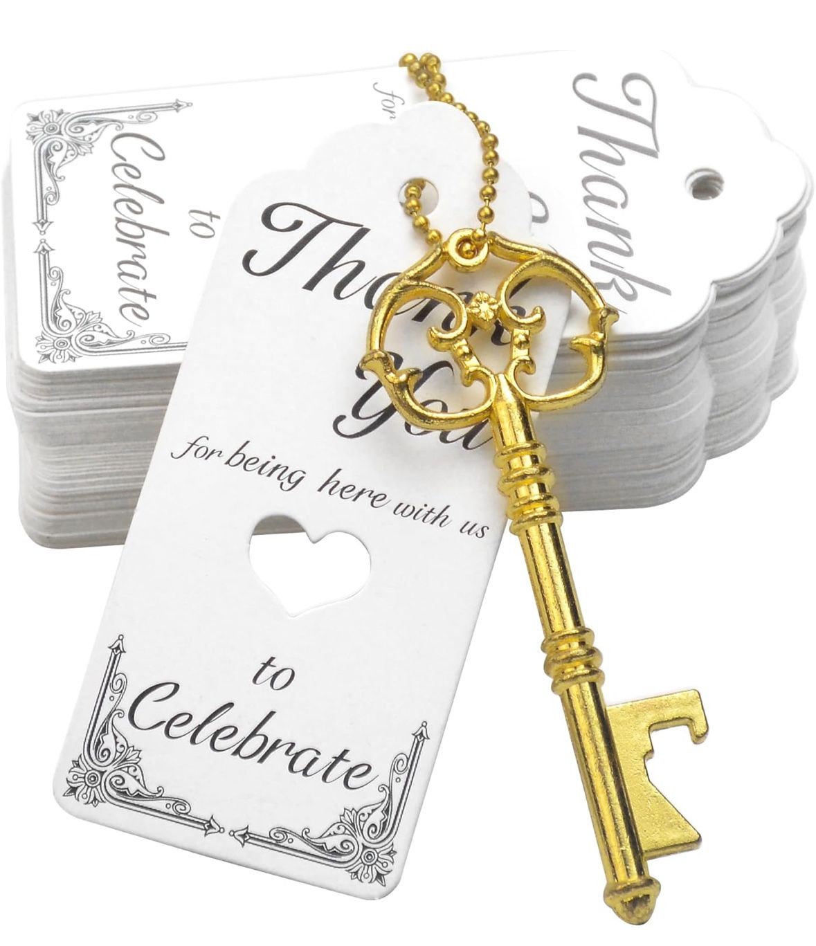 52pcs Vintage Skeleton Key Bottle Opener Party Favor Wedding Favor Guest Souvenir Gift Set with Escort Thank You Tag Card and Keychain (Gold)