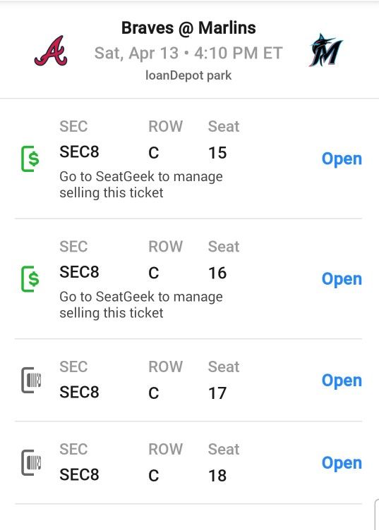 2 Tix 🎫🎟Marlins VS. Braves Tix For This Saturday APRIL 13TH