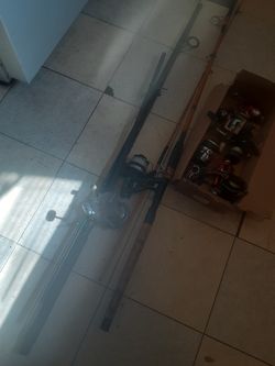 2 fishing rods and a bunch of reels Abu Garcia and more...super cheep!