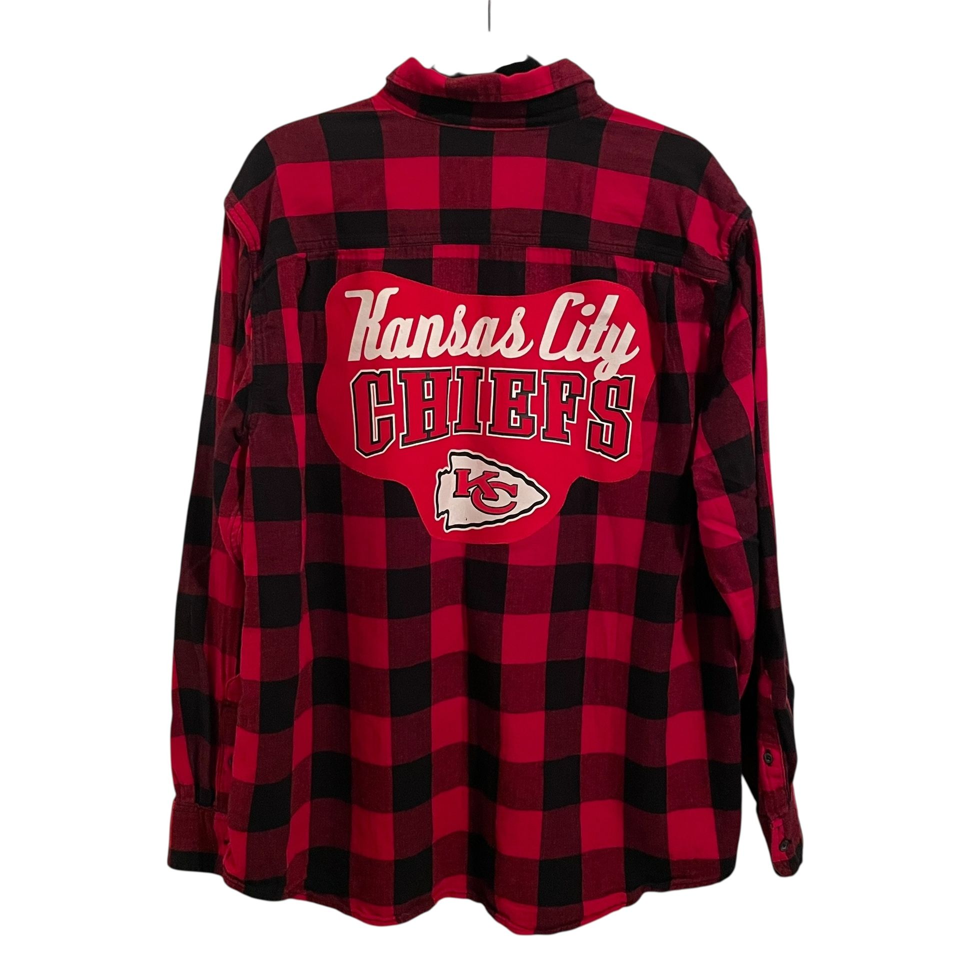 Upcycled Kansas City Chiefs Red and Black Plaid Flannel Button Front Shirt XL