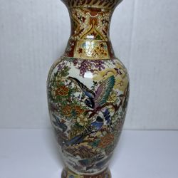 Vintage Hand Painted Ceramic Vase 8” Birds & Flowers Multicolor Decor