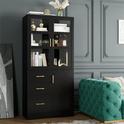 5 Shelf Bookcase with Drawers & Doors, 67.5" Tall Bookcases, Wooden Storage Bookshelf for Living Room Home Office, Black Finish