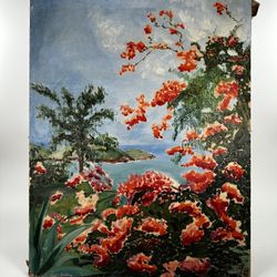 Antique 1935 Dated Chinese? Japanese? Tropical Landscape Painting Oil On Canvas