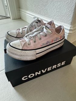 Converse Kids Pink Low Top Sneakers with Embroidered Flowers