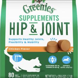 Greenies Hip & Joint Dog Supplements with Glucosamine and Chondroitin, 80-Count Chicken-Flavor Soft Chews for Adult Dogs