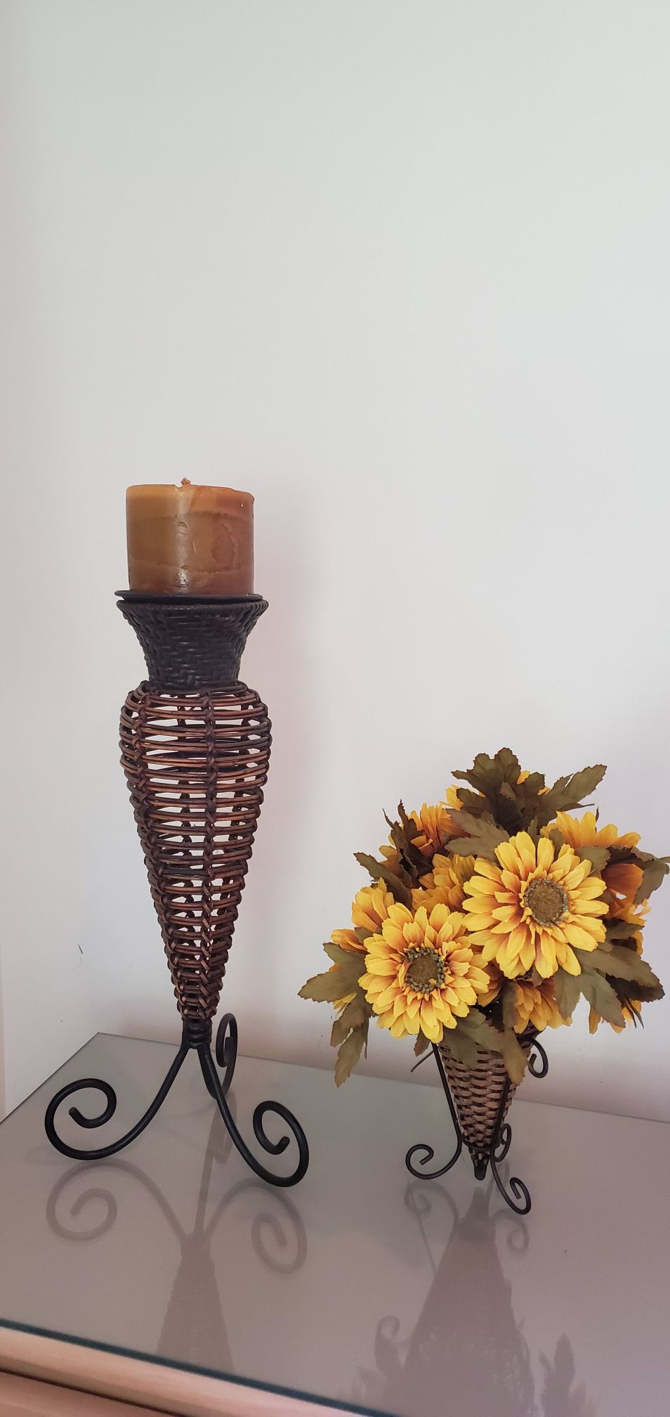 Candelabra, candle holder, flower vase, wicker. Moving sale, check out my other listings.