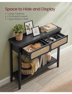 Console Table, Sofa Table, Narrow Entryway Table, Entry Table with 2 Drawers, Open Storage Shelf for Living Room Ash Black