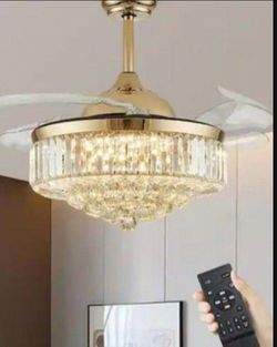 Ceiling Fan Retractable 42/20 Integrated LED 3CCT 6 Speed, Remote/App/Wall, Dimmable, Timer, Reverse, Dual Install, Antique Crystal/Gold