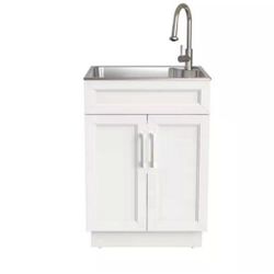 Glacier Bay 24 in. W x 21 in. D x 51 in. H Drop-In Stainless Steel Laundry Sink with Faucet and Cabinet in White