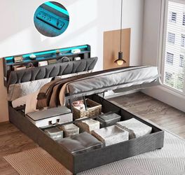 Fameill Full Size Lift Up Storage Bed Frame, Height Adjustable Storage Headboard with Charging Station, LED Lights Upholstered Platform Bed, Wooden Sl