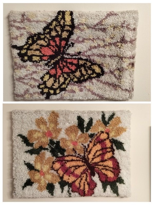 Vintage Set of 2 Latch Hook Monarch  Butterfly Wall Hangings.  Era 1970. 