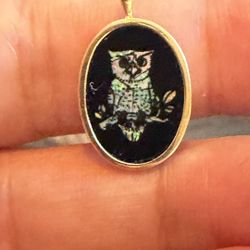 14k Solid Gold Pendant With Genuine Opal Owl Decorate On Onyx Gemstone, 1.10gr