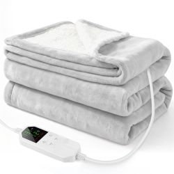 50"x60" Soft Plush Flannel-Sherpa Electric Heated Throw Blanket, with 8 Heat Settings, Lt Gray, NEW