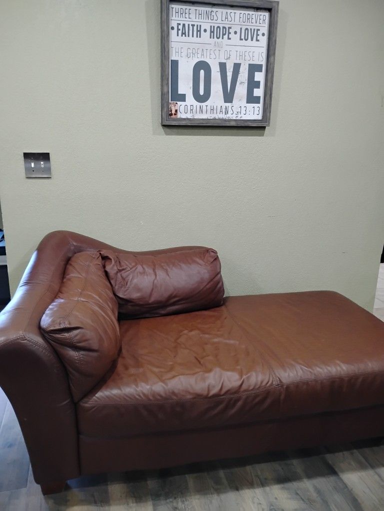 Used Chocolate Brown Leather Chaise Lounge Chair With Ottoman