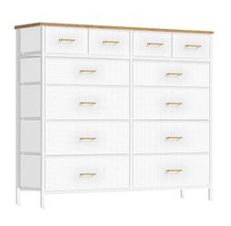 White Tall Fabric Dresser with 12 Deep Drawers  Retro Wood Top