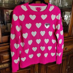 Justice Women's Pink Sweater With Hearts Sequin Cotton Blend Size XS