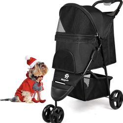 3 Wheels Foldable Pet Strollers with Storage Basket and Cup Holder for Small and Medium Cats, Dogs,