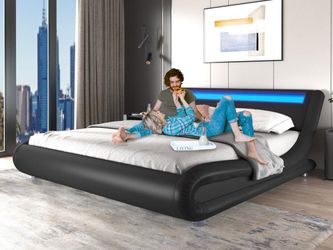 Queen Wave Like Curve Deluxe Upholstered Modern Bed Frame with LED Headboard