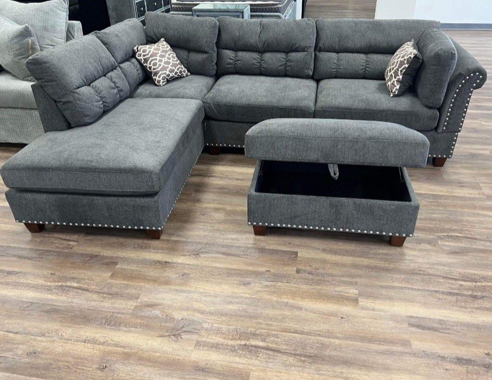 Brand New Grey Velvet Like Sectional Sofa +Storage Ottoman (New In Box) 