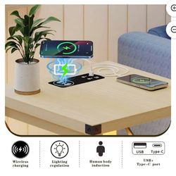End Side Table with LED Lights, Small Bed Side Table with Charging Station for Narrow Place