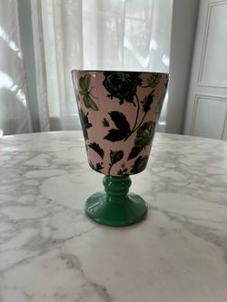 Anthropology Papillon Vase Pink & Green Dragonfly Print