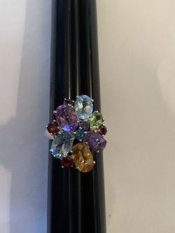 Sterling silver multicolor gemstone asymmetric cocktail ring size 10
