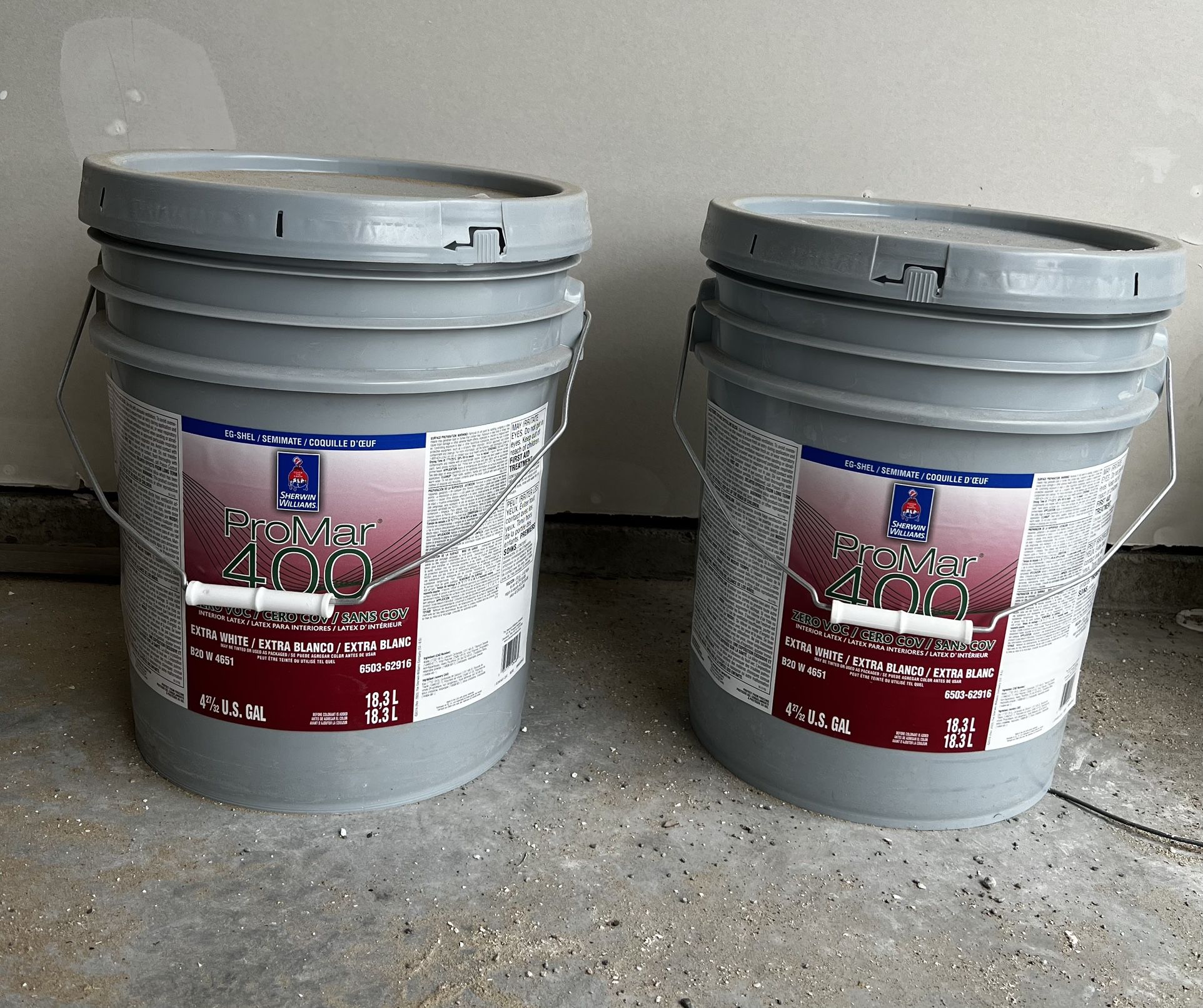 Interior Paint. Extra White. Egshell. Total 2 Buckets/ 10 Gallons