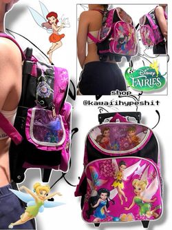 Vintage Y2K Disney Fairies Tinkerbell and Friends Rolling Backpack with Graphic of Disney Fairies (senior backpack)