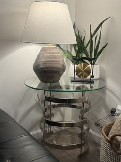 ✨ Modern Glass & Chrome Accent Table – Sculptural Design