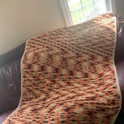 Vtg Handmade Crochet Afghan Blanket Fall Colors Granny Square 80x51 Boho Throw