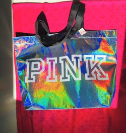 New Victoria's Secret PINK Large Reusable Tote Eco Bag Iridescent Silver Brand New with tag. Victoria's Secret Pink Iridescent Shine Huge Shopper Ba