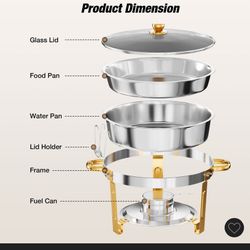 Warmounts 5QT 4-Pack Gold Accent Round Chafing Dish Buffet Set Food Warmer with Glass Lids & Holders