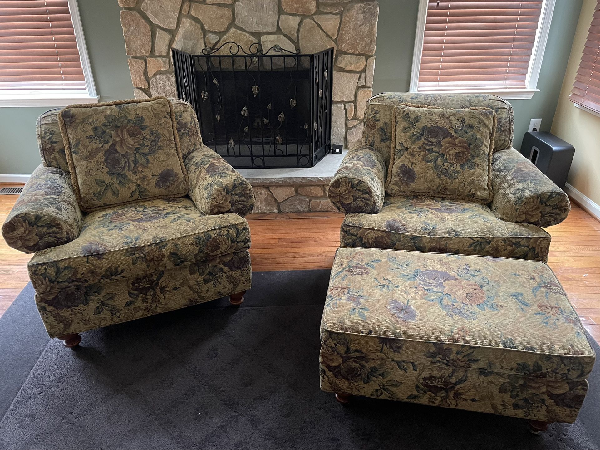 Ethan Allen Club Chairs (2) And Ottoman 