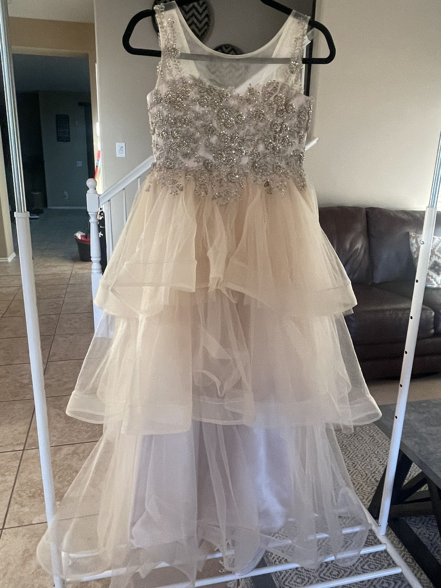 Girls' Special Occasion Tulle Tiered Dress with lace appliqué