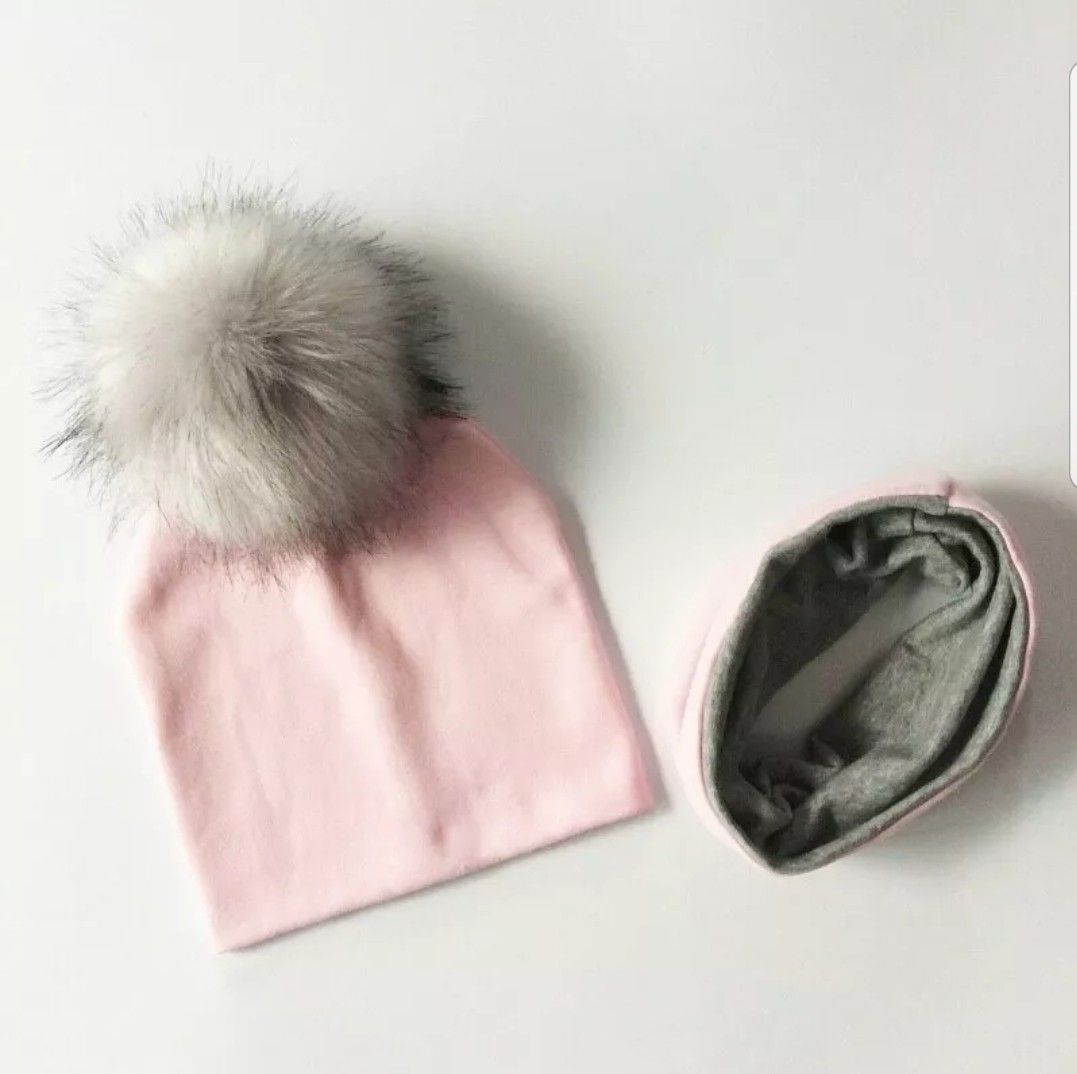 Pink & Gray Baby Pom Pom Beanie Hat With Infinity Scarf Set