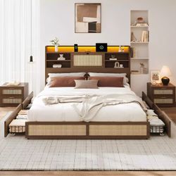 King Size Bed Frame , Rattan Storage Bookcase Bed Frame, storage space with LED light
