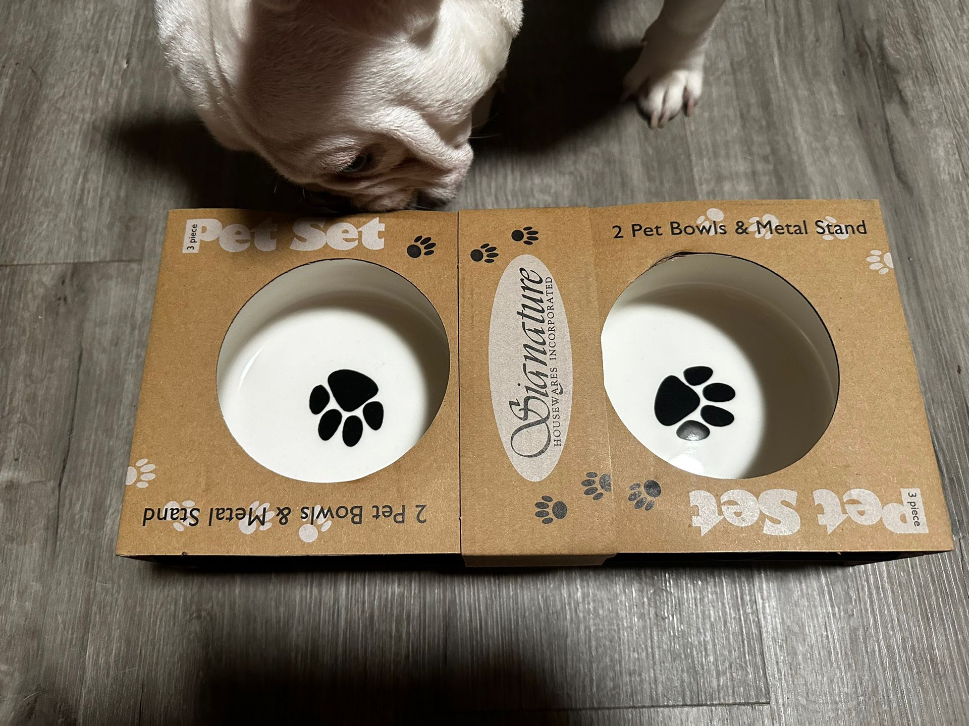 Glazed Stoneware 2 Pet Bowls And Metal Stand