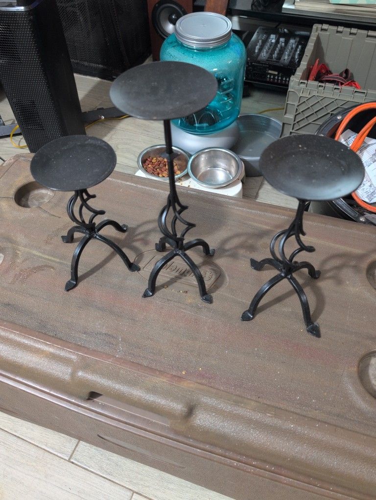 Set of 3 Black Metal Candle Holders Swirl Center 12", 9.5", 7.5