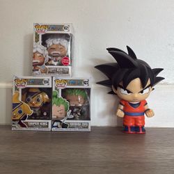 One Piece Funko Pops + Goku Piggy Bank