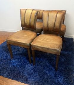 Distressed Cognac Leather Dining Chairs — Set of 4, Nailhead Trim