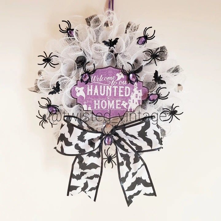 Haunted House Bats Spider Gothic Lolita Iridescent Halloween Wreath Welcome Sign