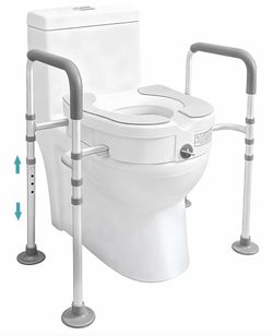 NEW Raised Toilet Seat with Handles, Grey&White 4-Legged Fixing, Thickened Aluminum Alloy, Toilet Safety Rails, For Seniors, Stronger Stability, 500lb