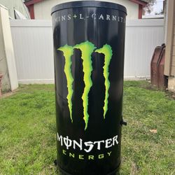 Monster Energy Ice Barrel Cooler, Store Display on Rolling Wheels, 39"H x 16 1/2"Diam
