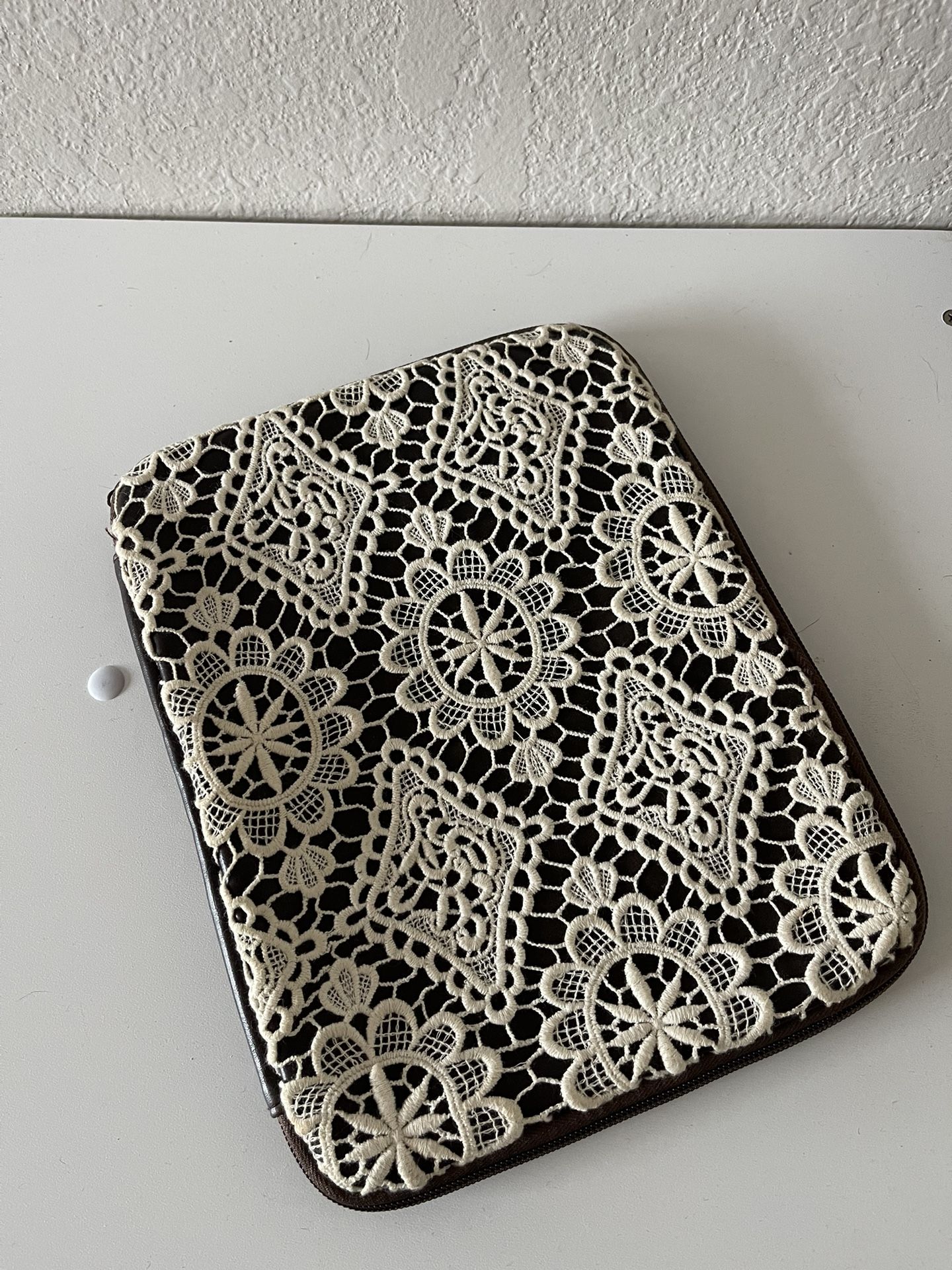IPAD Brown Faux Leather And Cream Crochet Zipper Boho Sleeve Case Cover 8x10