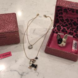 Betsey Johnson Dog Necklace and Ring With Pink Box