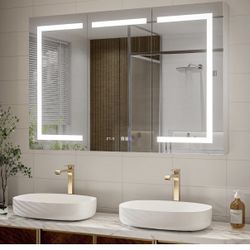 48" W×32" H LED Smart Medicine Cabinet, Bathroom Mirror Cabinet with Lights,Clock & Temperature Display, Dimmable LED Lighting, USB Charging, Defog, S