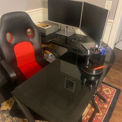 Metal FRAME BLACK GLASS TOP L SHAPED DESK & RED & BLACK CHAIR